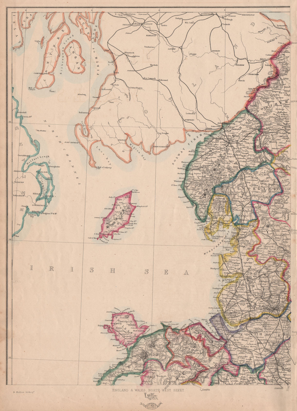 ENGLAND & WALES NW. Cumbria Lancashire Welsh coast Isle of Man. WELLER 1863 map
